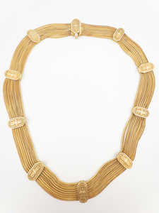 lot 35 image: Luscious Heavy Turkish 8 Strand With Oval Filigree Accents Vermeil Collar Necklace.