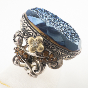 lot 14 image: BARBARA BIXBY Blue Oval Drusy Sterling And 18K Yellow Gold Statement Ring. Size 10.