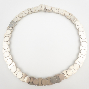lot 77 image: Designs by FMC, Art Deco Textured Hexagon Link Sterling Silver Choker Necklace.