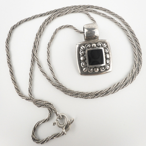 lot 78 image: ALFI Black Onyx Square Sterling Silver Pendant Necklace .