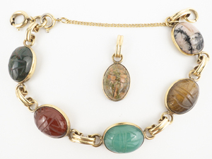 lot 108 image: Symmetalic VINTAGE Multi Carved Cabochon Scarab Beetle Sterling And 14K GF Bracelet, Necklace And Pendant.