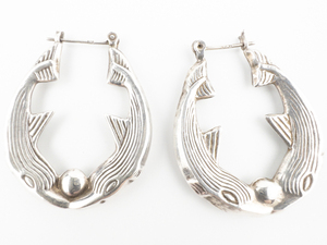lot 161 image: Double Sided Dolphin Sterling Silver Hinged Wire Hoop Earrings.