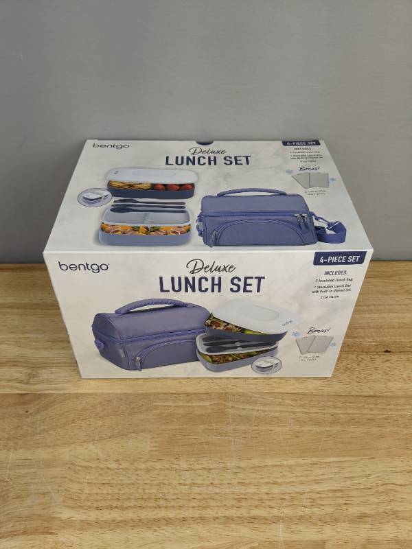 lot 34C image: Brand New Bentgo 4-Piece Deluxe Set With Insulated Lunch Bag, Ice Packs & Bento Classic (Slate) L