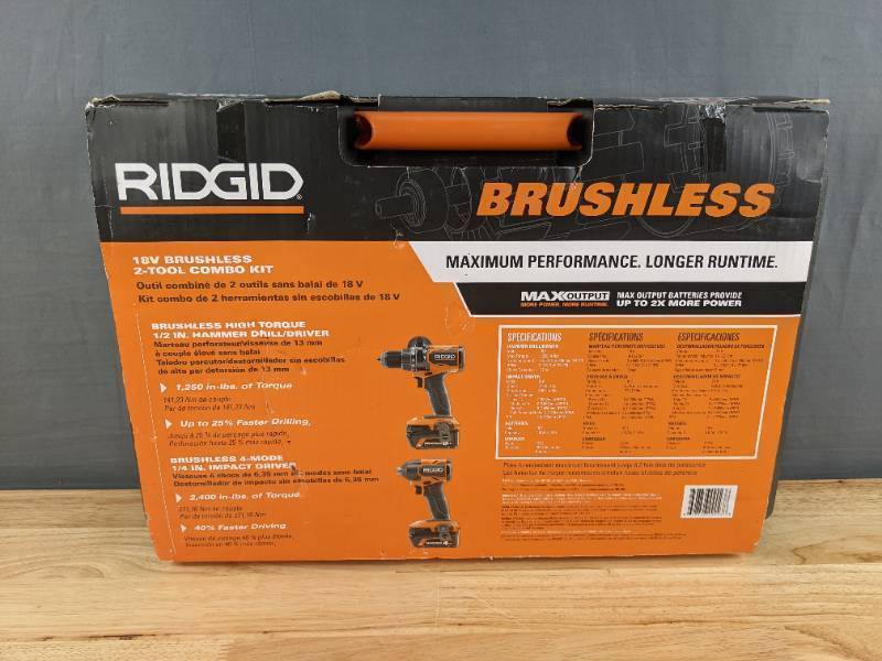lot 11C image: Brand New Ridgid 18V Brushless 2-Tool Combo Kit with 6.0 Ah and 4.0 Ah MAX Output Batteries, Charger, and Hard Case $379 Retail I