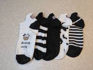 lot 402 image: Five New Pairs of Cow Print Ankle Socks. Black and White. Solids and Stripes One Size P
