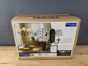 lot 96 image: Brand New Progress Lighting Elegance Collection Sconce with Linen shade Gilded Iron Finish M