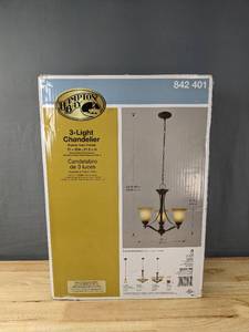 lot 93 image: Brand New Hampton Bay 3-Light Rustic Iron Chandelier with Antique Ivory Glass Shades $89.97 Retail V