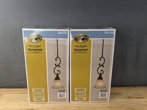 lot 65 image: Brand New Set of 2 Somerset 1-Light Oil-Rubbed Bronze Mini Pendant with Bell Shaped Frosted Glass Shade $70 Retail V
