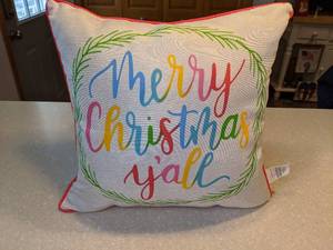 lot 413 image: New Merry Christmas Pillow Trees on Back Blue Yellow Pink Green P