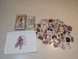 lot 415 image: New Horse Pouch 60 Cat Stickers Velvet Latte Gel Pens Cow Print Pens P