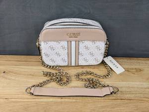 lot 17B image: New Guess Crossbody Purse White and Tan with Gold Chain Model KG787914 E
