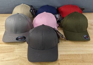 lot 54E image: 71 Brand New Yupoong FlexFit Navy, Red, Dark Grey, Grey, Pink, Olive and Khaki Hats Extra SmallSmall A