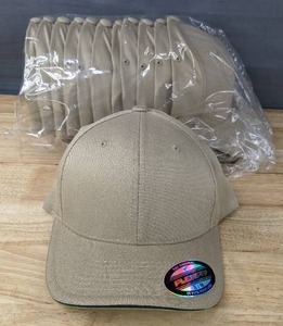 lot 107B image: 24 Brand New Yupoong FlexFit Khaki with Spruce Green Hats SmallMedium A