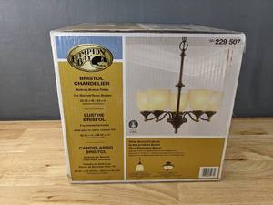 lot 127 image: Brand New Bristol 5-Light Nutmeg Bronze Chandelier with Tea-Stained Glass Shades $109 Retail V