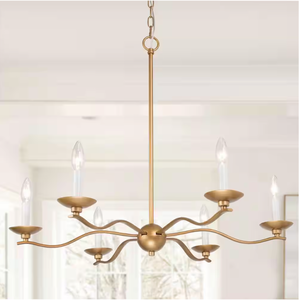 lot 46 image: New Uolfin Modern Farmhouse Chandelier Nova 30 6-Light Gold Island $179.99 Retail V