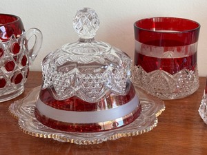 lot 39 image: Vintage Ruby Red Glassware including an Antique EAPG Ruby Stain Adams Company King Crown Pattern Celery Vase
