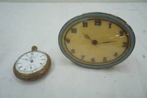 lot 69 image: Vintage pocket watch and brass clock