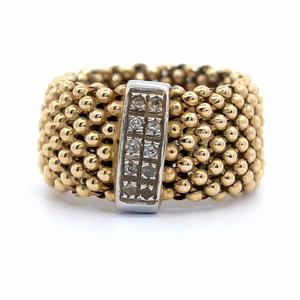 Made in Italy Pave Diamond Flexible Beaded Mesh Ring in 14k Two-Tone Gold $1,920 Retail