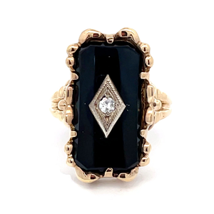 Elongated Vintage Diamond & Rectangular Black Onyx Ring in Yellow Gold