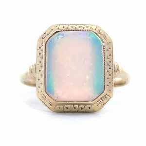 White Opal Octagon Vintage Ring in 14k Yellow Gold VIDEO