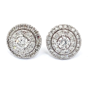 1 Carat Round Diamond Double Halo Stud Earrings in White Gold VIDEO