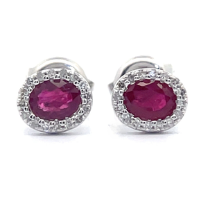 Oval Ruby & Diamond Halo Stud Earrings in 14k White Gold VIDEO