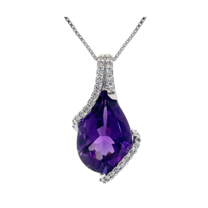 NEW Amethyst Briolette & Pave Diamond Ribbon Drop Pendant in White Gold VIDEO