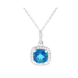 NEW 0.13 Carat Halo Diamond & Cushion Blue Topaz Pendant Necklace in White Gold