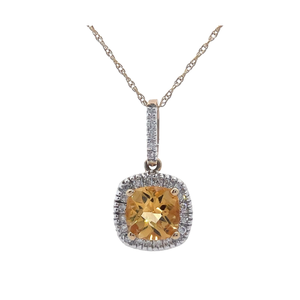 NEW 0.13 Carat Cushion Citrine & Halo Diamond Pendant Necklace in Yellow Gold