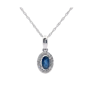 Oval Blue Sapphire & Diamond Halo Pendant Necklace in White Gold