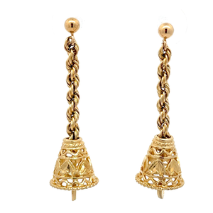 Designer Beverly Hills Gold Filigree Bell Rope Chain Dangle Earrings in 14k Yellow Gold