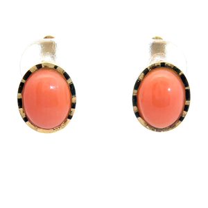 Oval Coral Cabochon Drop Stud Earrings in 14k Yellow Gold