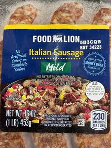 lot 192 image: Food Lion Mild Italian Sausage 3-Pack (1 lb Each)