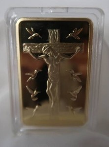 lot 57 image: ONE TROY OUNCE BAR 100 MILLS .999 FINE GOLD CLAD TEN COMMANDMENTS