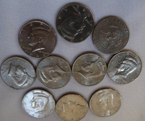 lot 59 image: 10 ASSORTED KENNEDY  HALF DOLLARS