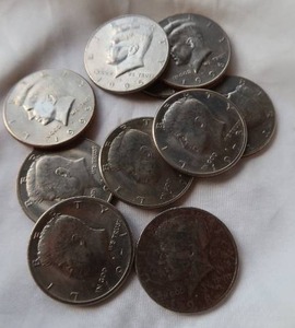 lot 69 image: 10 ASSORTED KENNEDY  HALF DOLLARS