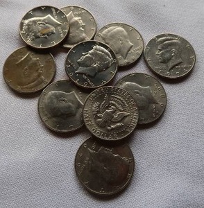 lot 91 image: 10 ASSORTED KENNEDY  HALF DOLLARS
