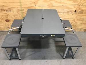 lot 77 image: OUTSUNNY Grey 4-Seats Aluminum Picnic Table with Four Chairs and Umbrella Hole Model # 84B-031