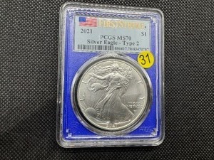 2021 American Silver Eagle Type 2 PCGS MS70 First Strike PCGS Price Guide is $62