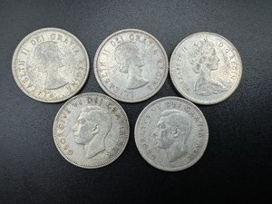 Five Canadian 80% Silver Quarters