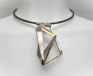 lot 1 image: Stunning Large Signed Sculptural Modernist 14K Gold & Sterling Silver Pendant Necklace
