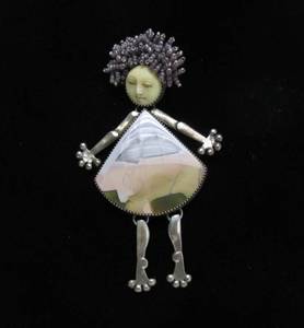 lot 4 image: Large Sterling Silver, Stone & Bead Funky Whimsical Lady Brooch Pendant by Deb Karash