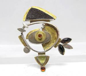 lot 10 image: Fantastic Signed Sterling Silver & 22k Gold Brooch Pendant wDrusy & other Gemstones