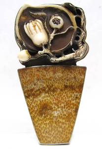 lot 15 image: Large Sterling Silver Fossil & Carved Bone or Fossilized Ivory Brooch Pendant by Amy Kahn Russell