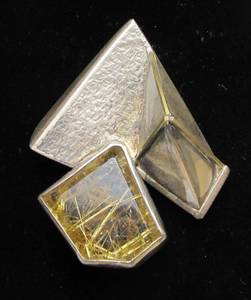 lot 25 image: Very Cool Sculptural Modernist Sterling Silver Brooch wRutilated Quartz