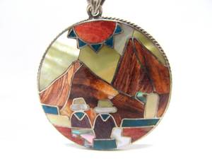 lot 28 image: Very Nice Inlaid Southwestern 950 Silver Pendant Necklace