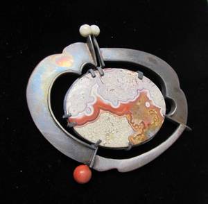 lot 29 image: Excellent Large Sterling Silver & Ocean Jasper Brooch - Signed RM