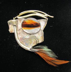 lot 35 image: Sculptural Modernist Sterling Silver & Tiger Eye Brooch wFeather