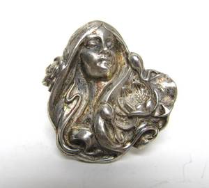 lot 40 image: Vintage Art Nouveau Lovely Maiden Sterling Silver Brooch