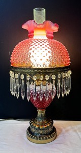 lot 9 image: Vintage Fenton Cranberry Hobnail Opalescent Parlor Lamp with Dangling Crystals